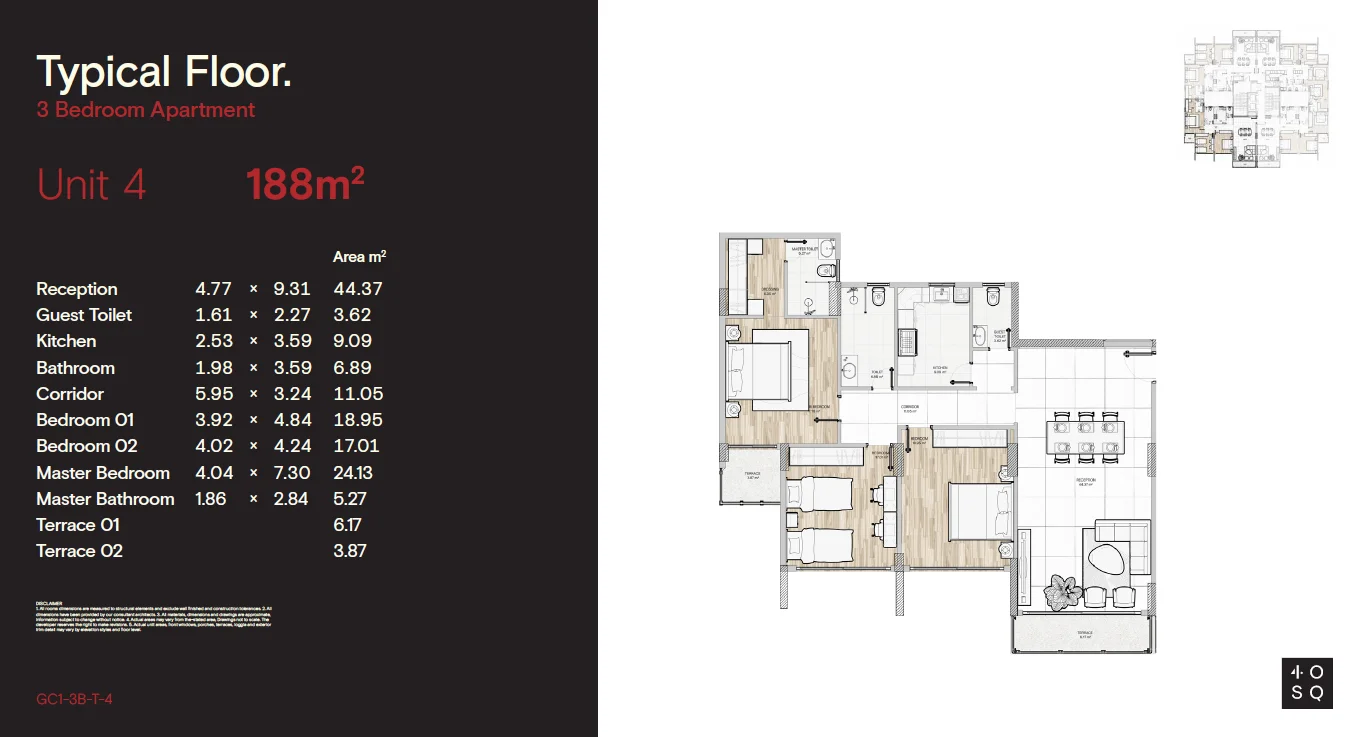 Floor plan of 188 m² three-bedroom, three-bath developer apartment for sale in 40 Square