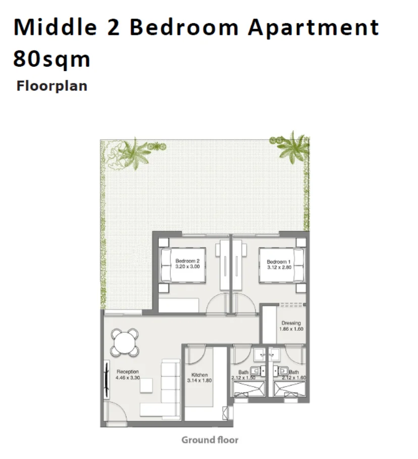 Floor plan of 80 m² Roofscape apartment with a 42 m² garden for sale in At East