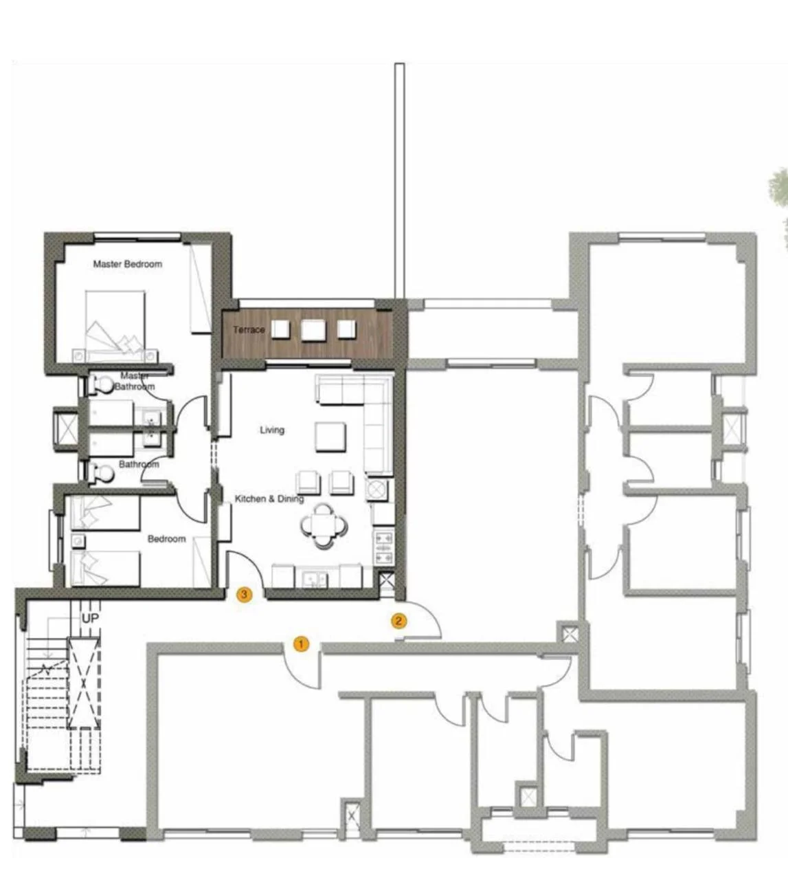 Floor plan of 100 m² first-floor apartment with pool access for sale in Gaia