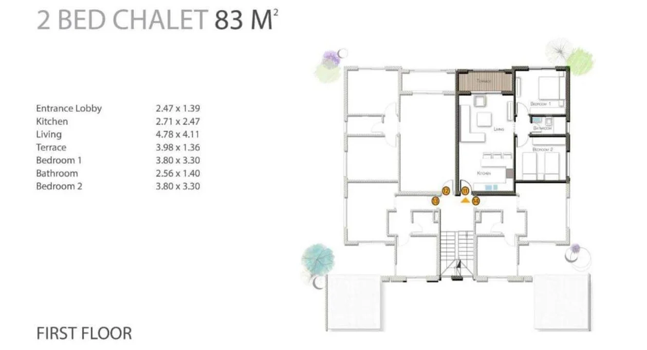Floor plan of 83 m² two-bedroom first-floor chalet for sale in Gaia