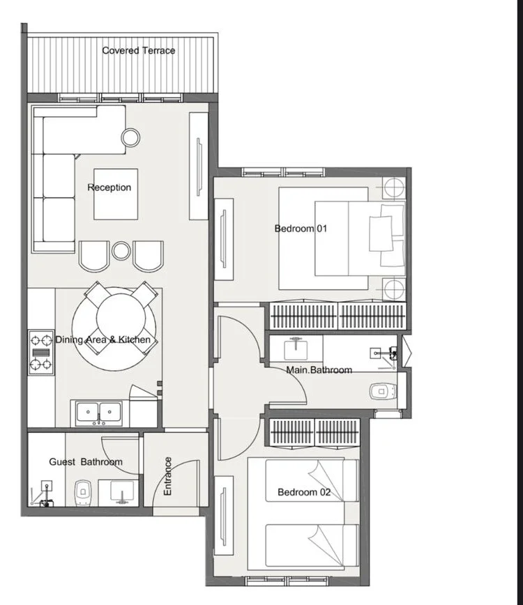 Floor plan of 95 m² pool-access chalet for sale in Summer