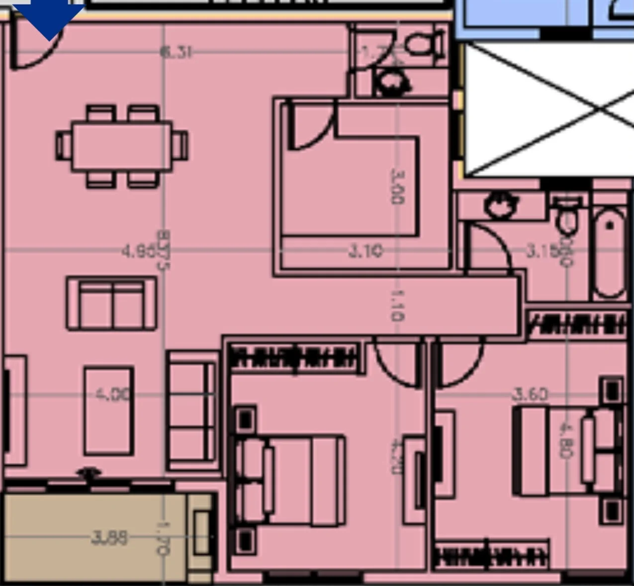 Floor plan of Sixth-floor Alaire apartment, 135 m² with two bedrooms, for sale in The City of Odyssia