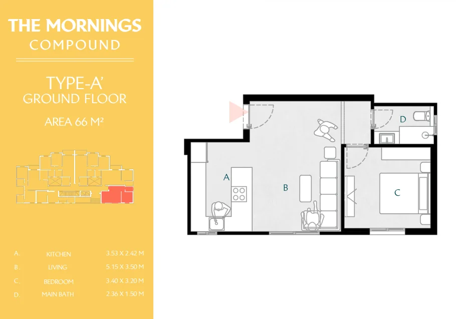 Floor plan of 66 m² one-bedroom developer apartment for sale in The Mornings