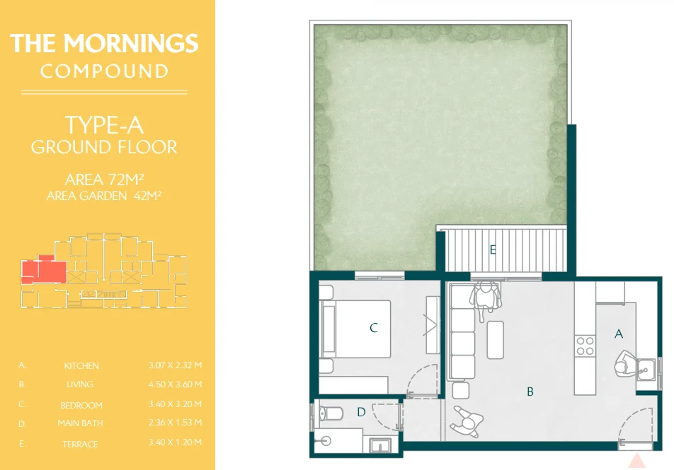 Floor plan of 72 m² apartment with an 82 m² garden for sale in The Mornings