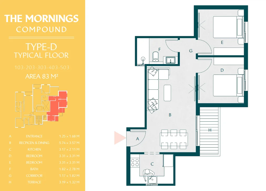Floor plan of 83 m² two-bedroom, one-bath apartment for sale in The Mornings