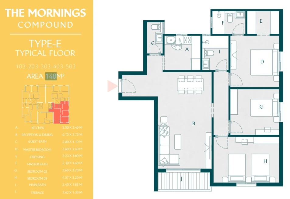 Floor plan of 146 m² three-bedroom, three-bath apartment for sale in The Mornings