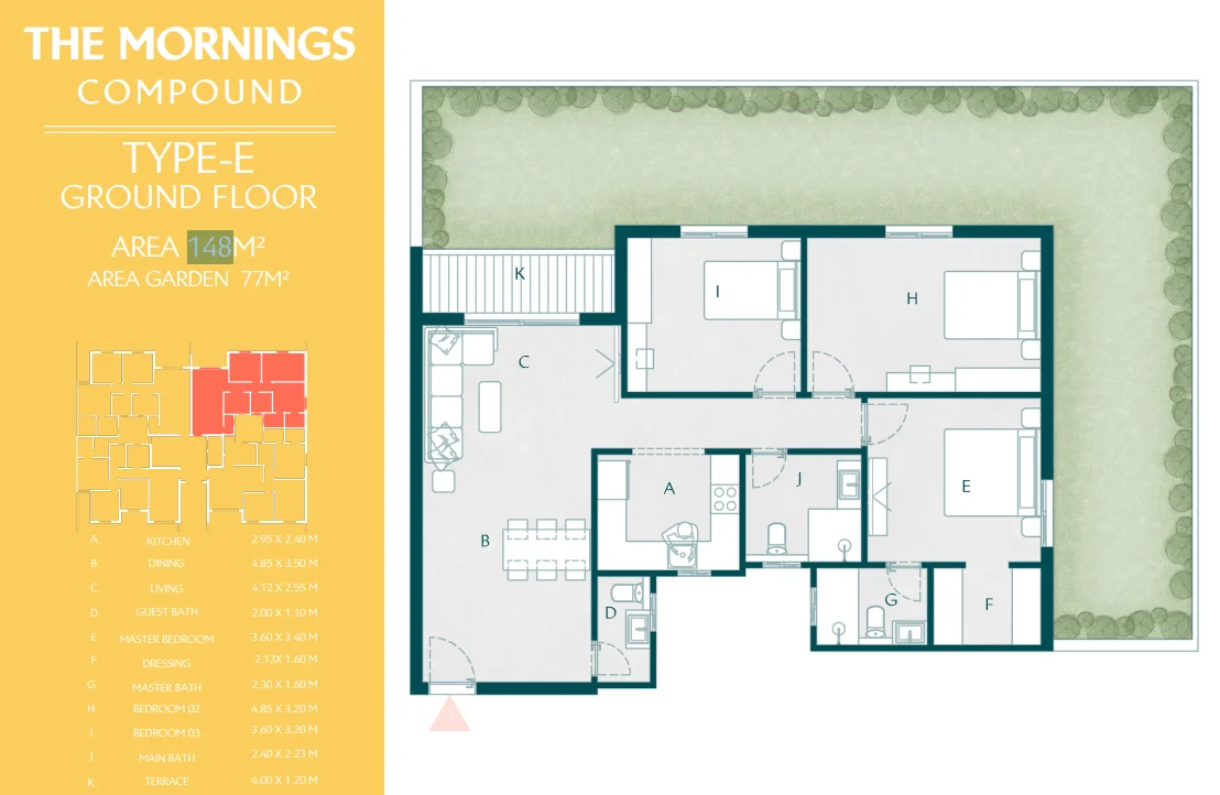 Floor plan of 146 m² three-bedroom apartment with a 77 m² garden for sale in The Mornings